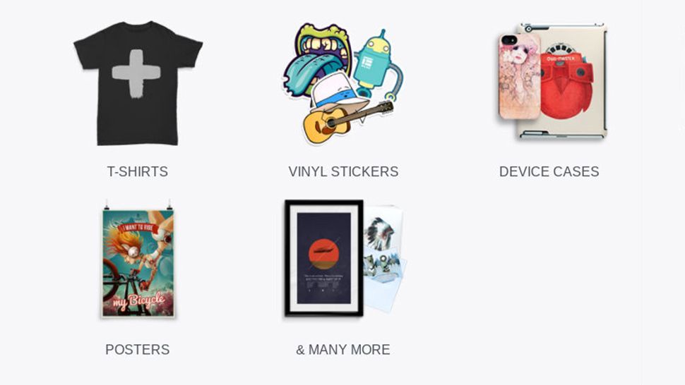 RedBubble-Shop-Kategorien von T-Shirts, Vinyl-Aufklebern, Gerätehüllen, Postern und vielem mehr mit Symbolen für jede