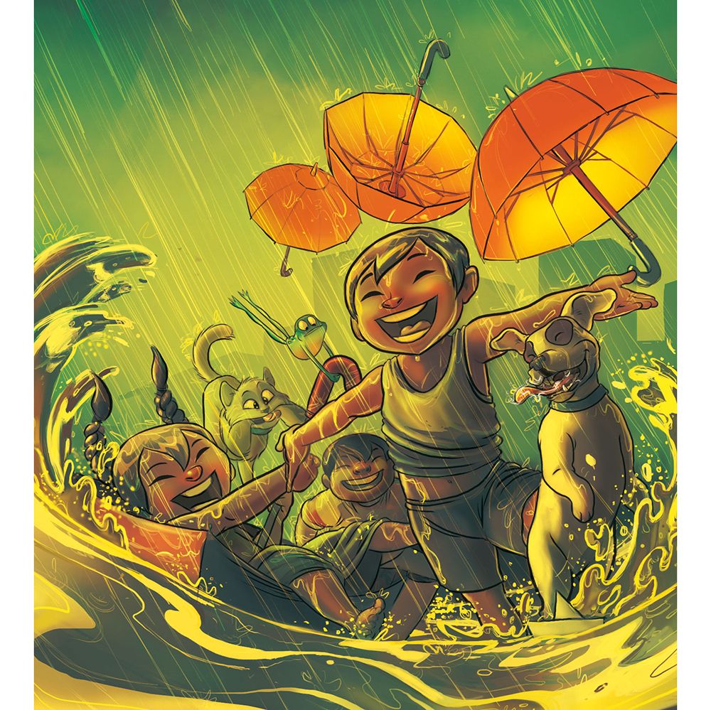 Сцена на щастливи герои, наслаждаващи се на дъжда