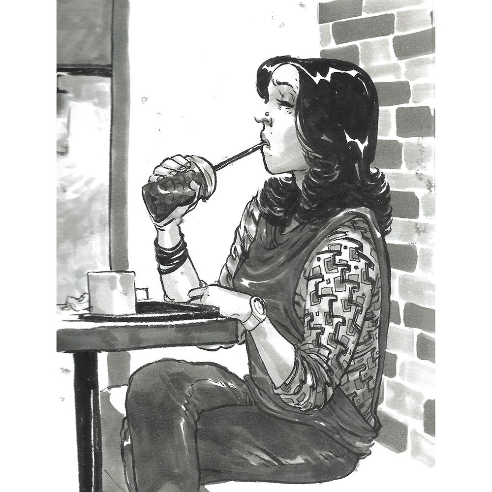 Рисунка с писалка на жена, отпиваща питие в кафене, носеща шарка отгоре и нос