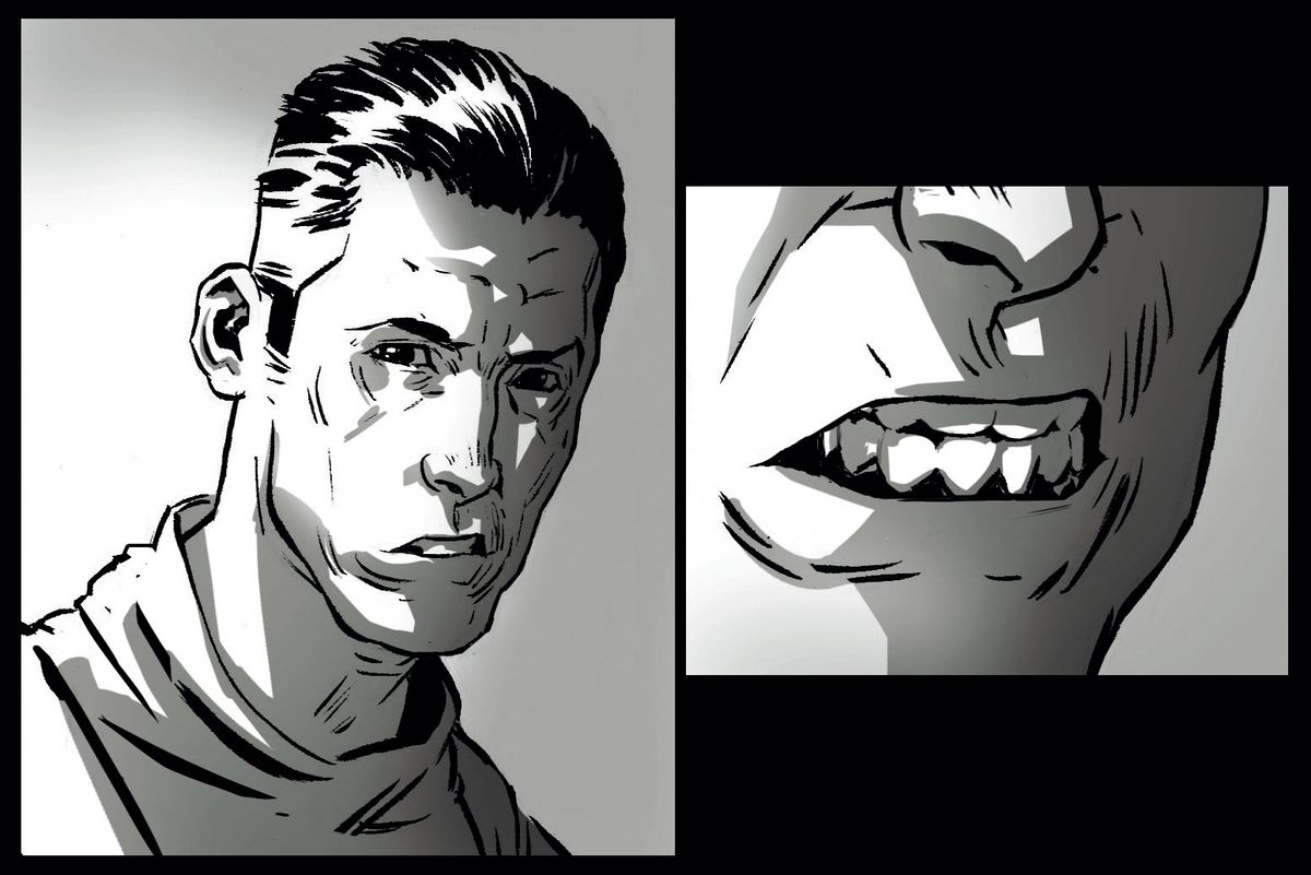 Два кадъра показват мъж с изправено лице, а след това отблизо той оголва зъби в агресия