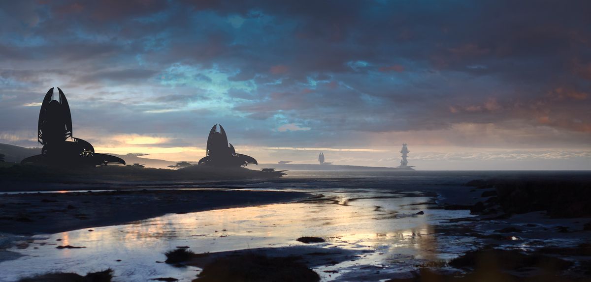 La pintura digital muestra un paisaje alienígena