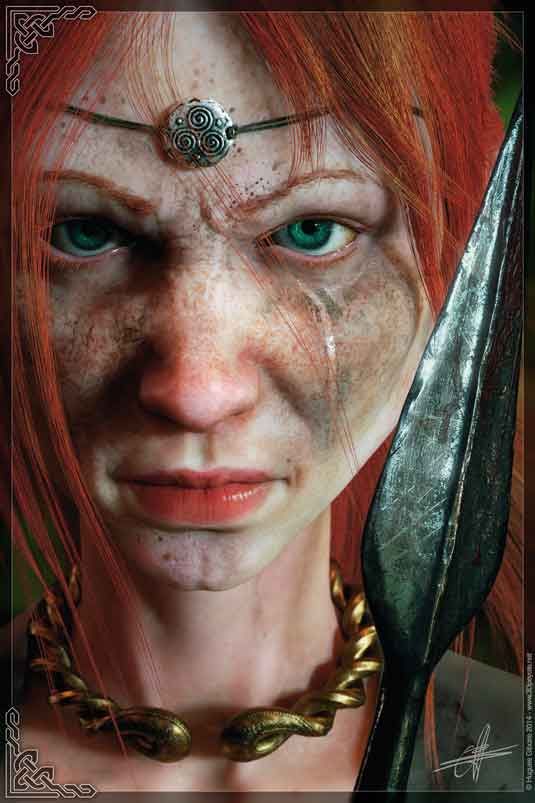 In meiner Illustration von Boudica, der keltischen Königin des Iceni-Stammes, wurde viel Wert auf die Intensität ihres Blicks und die lebendigen Farben ihrer Iris gelegt, um die Aufmerksamkeit des Betrachters auf sich zu ziehen