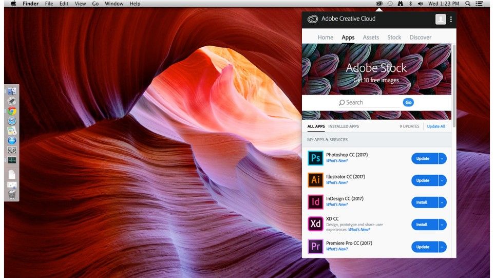 Liste der beliebtesten Adobe CC-Tools vor einem farbenfrohen abstrakten Hintergrund
