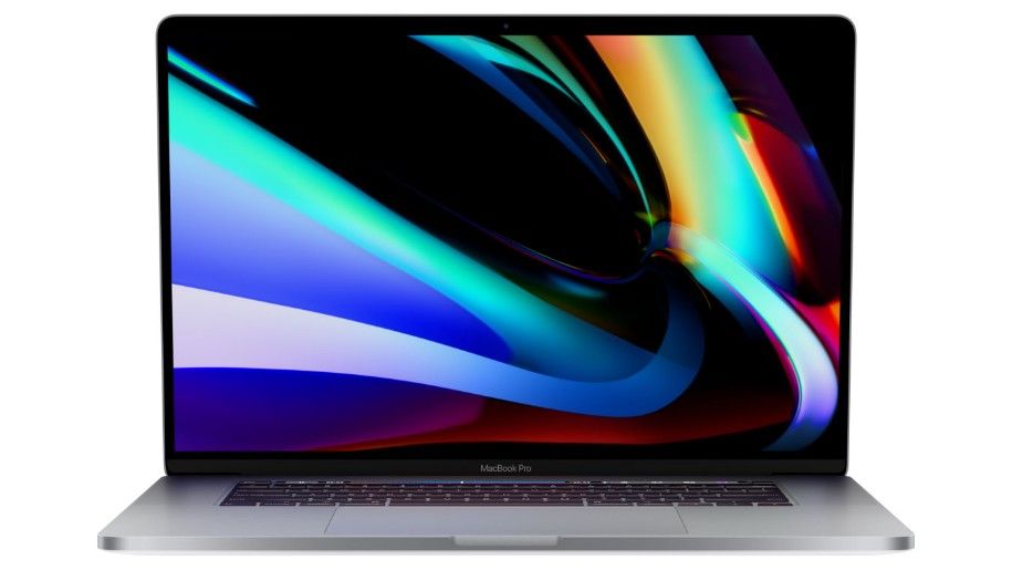 Macbook Pro mit farbenfrohen, wirbelnden Mustern auf dem Bildschirm