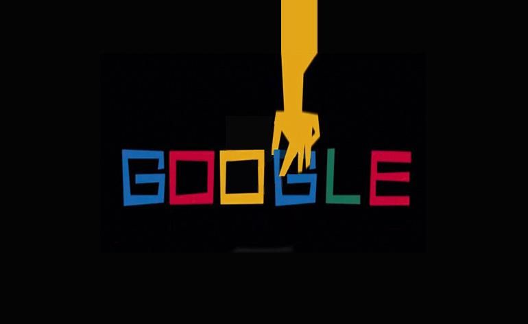 Logotipo de Google en colores primarios con una mano de dibujos animados bajando para agarrar la segunda G