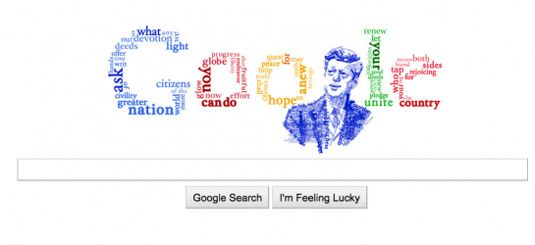 Logotipo de Google y dibujo de JFK formado por líneas de su discurso