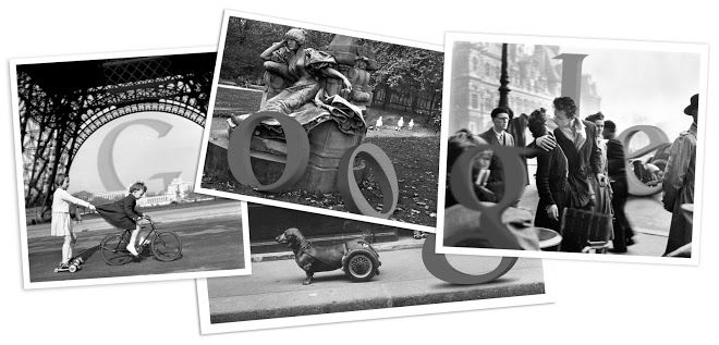 Cuatro fotografías en blanco y negro superpuestas con letras del logotipo de Google