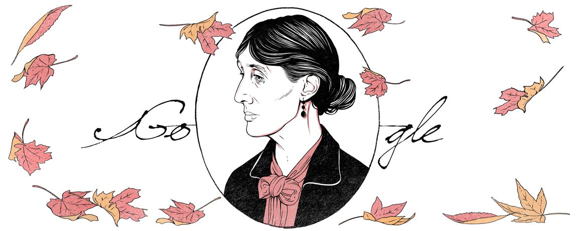 Perfil de Virginia Woolf dentro de un círculo, rodeado de hojas caídas
