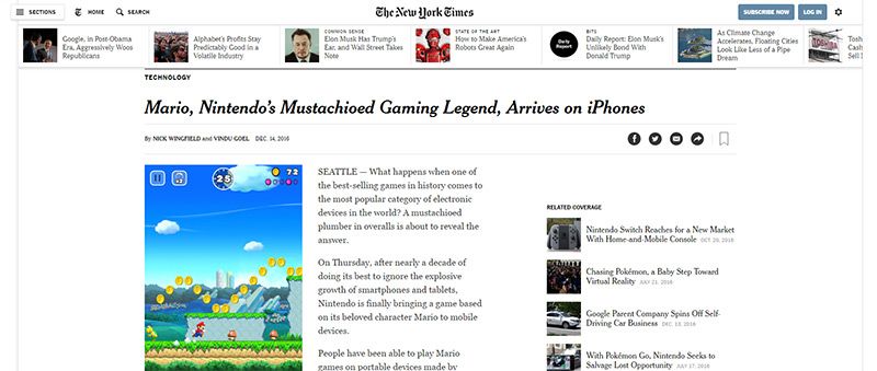 The New York Times utiliza una galería de miniaturas en la parte superior de cada publicación.