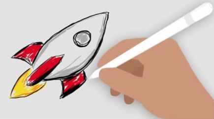 Une main dessinant une fusée