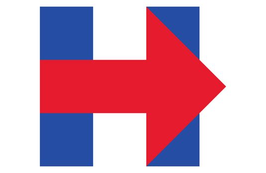 Hillary Clinton-Logo - ein blaues H mit einem roten Pfeil in der Mitte