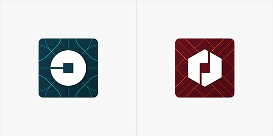 Uber-Logos - ein Kreis mit einem fehlenden Abschnitt und ein Sechseck mit einem fehlenden Abschnitt auf farbig gemusterten Hintergründen