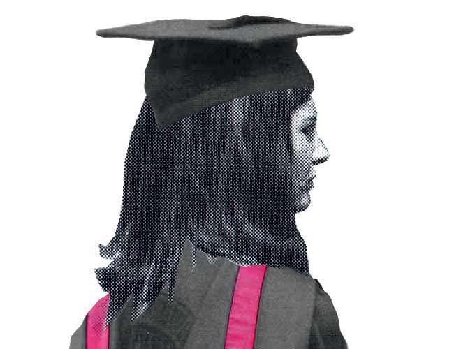 Illustration einer Frau mit einem Absolventenhut auf