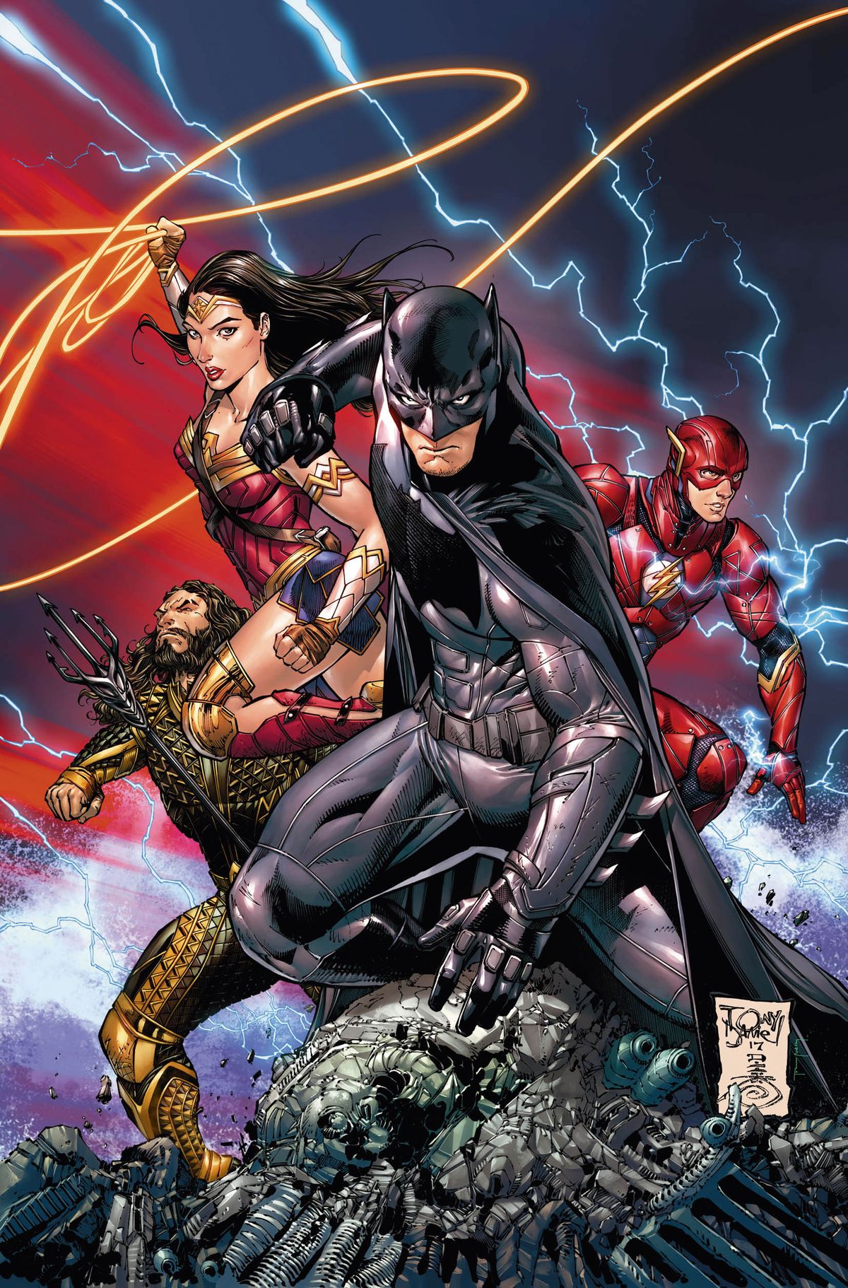 Aquaman, Wonder Woman, Batman und der Blitz machen eine heldenhafte Pose