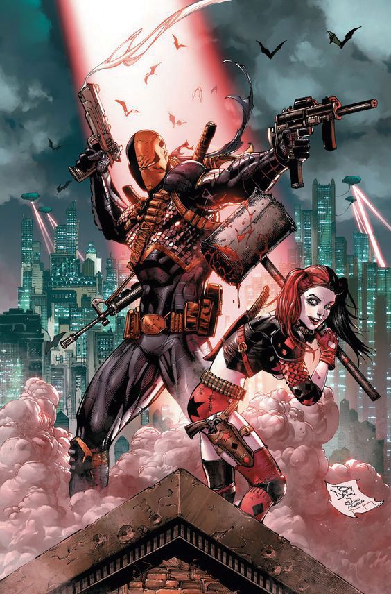 Deathstroke und Harley Quinn zwischen den Ruinen von Gotham