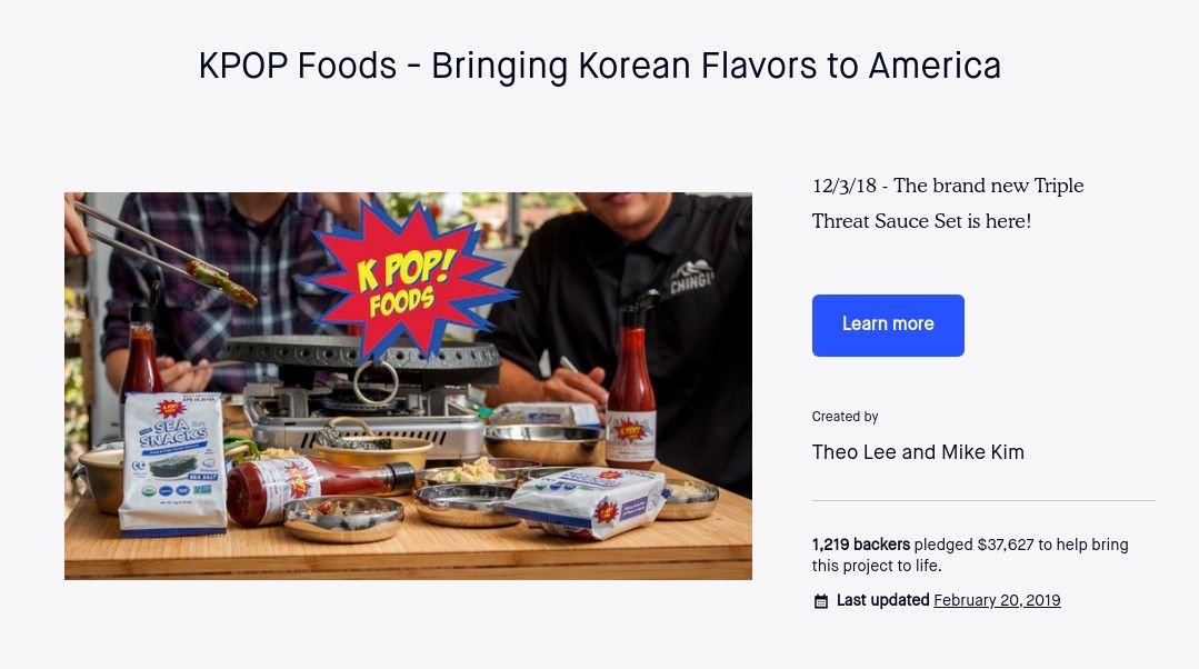 Page Kickstarter pour K-Pop Foods