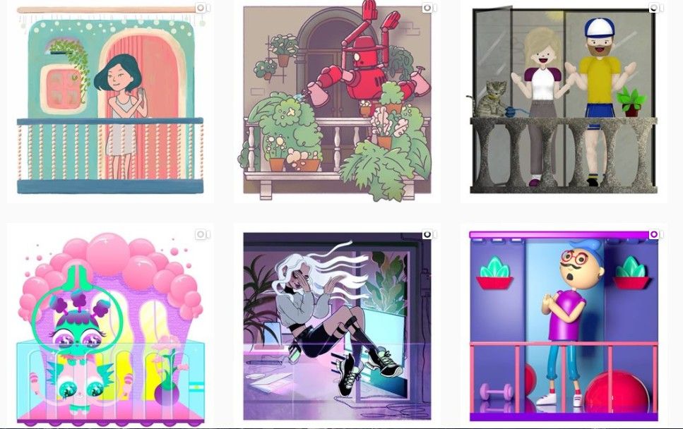 Sechs Animationen von Charakteren, die auf einen Balkon klatschen