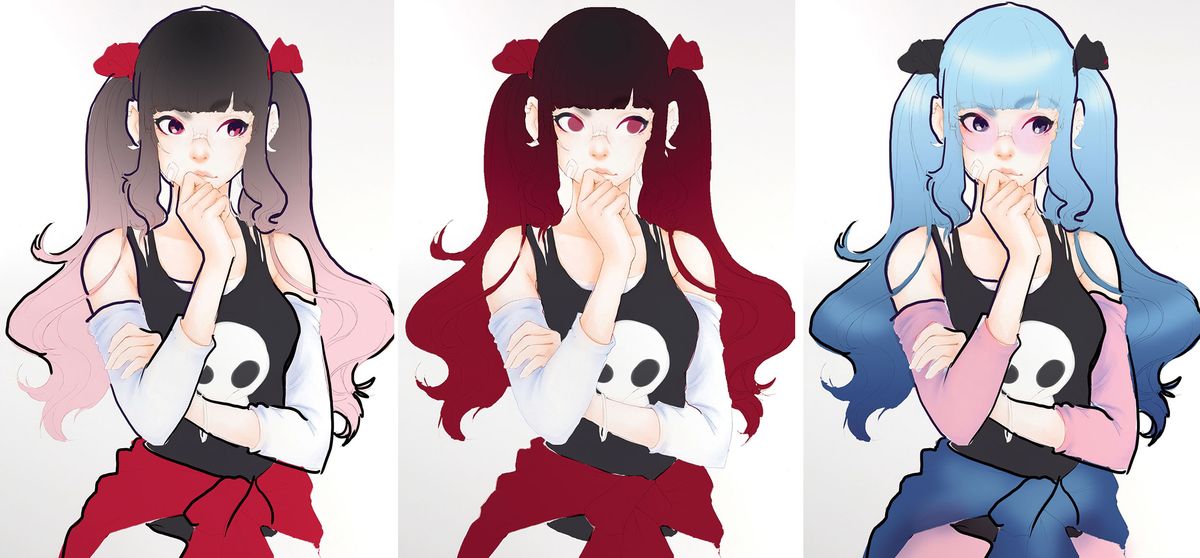 Drei Versionen einer Charakterillustration in verschiedenen Farben