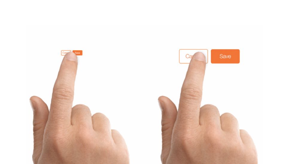 Ein Bild, das zwei verschiedene Größen von Berührungszielen zeigt: Das Paar auf der linken Seite ist jeweils kleiner als die Spitze eines Fingers, während die auf der rechten Seite jeweils größer als die Spitze eines Fingers sind.