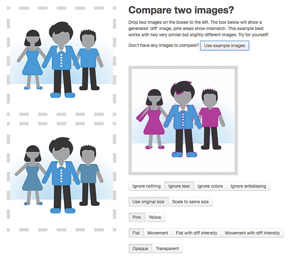 Resemble.js ist eine beliebte Bildvergleichsbibliothek und gibt Ihnen viel Kontrolle darüber, was eine visuelle Differenzierung auslöst