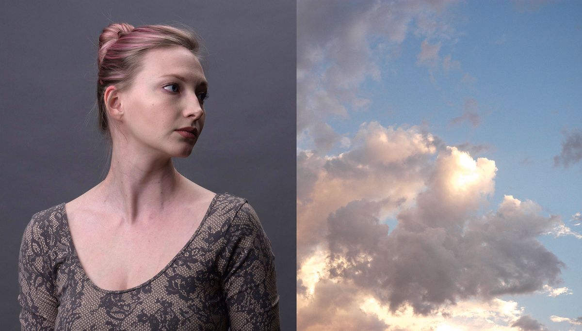 Ein Foto einer Dame neben einem Foto auf sonnenbeleuchteten Wolken
