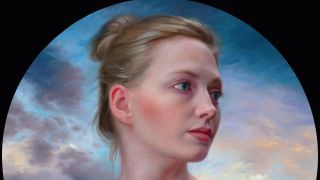 Ein kreisförmiges Ölgemäldeporträt einer Dame, die in die Ferne schaut, gegen einen glühenden Abendhimmel