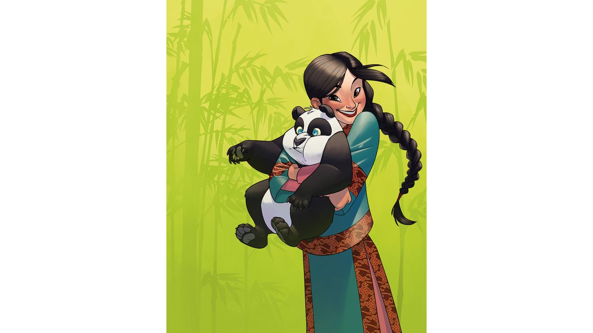 Mädchen mit Panda auf Bambushintergrund