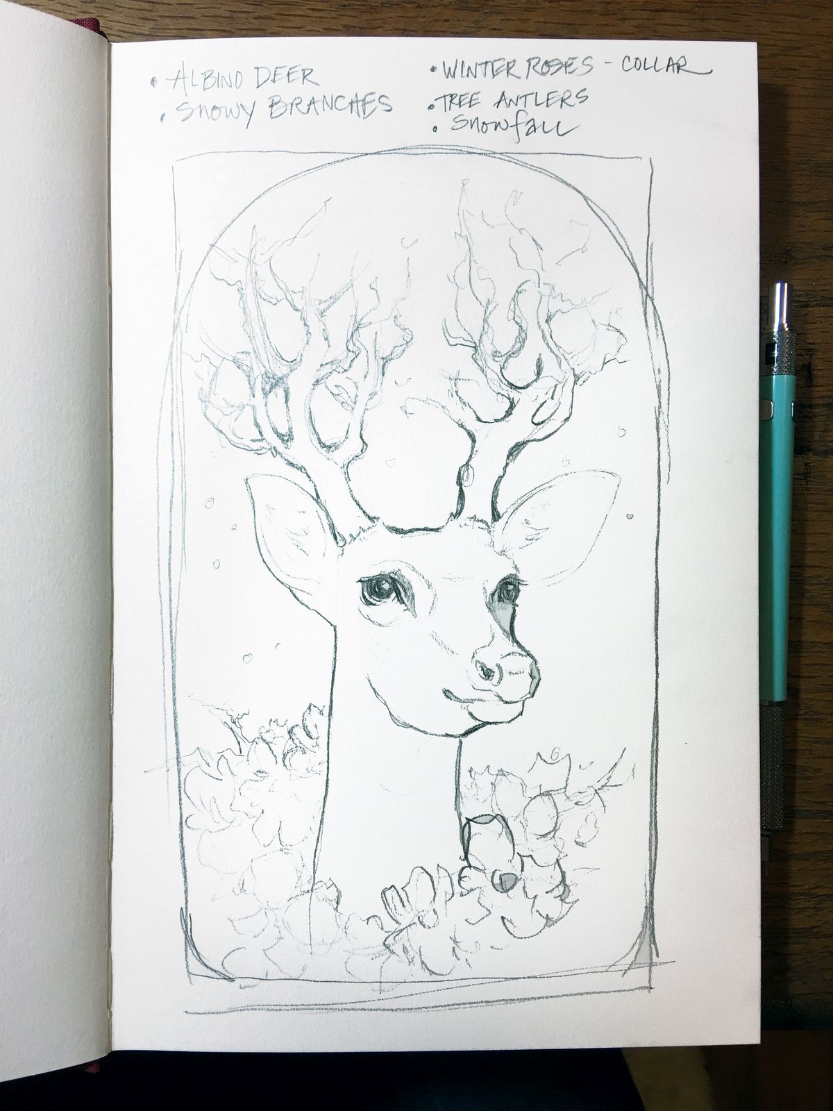 Скица с молив на елен, заобиколен от цветя