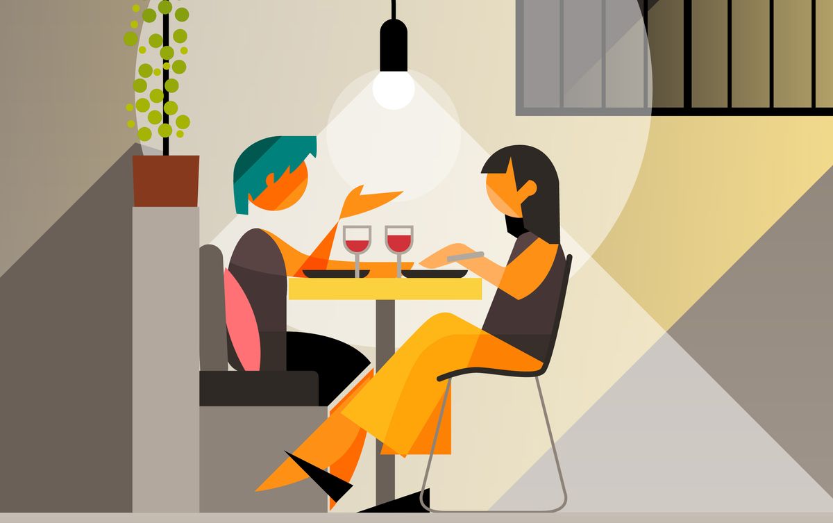 stilisierte Skizze von zwei Personen, die an einem Tisch sitzen