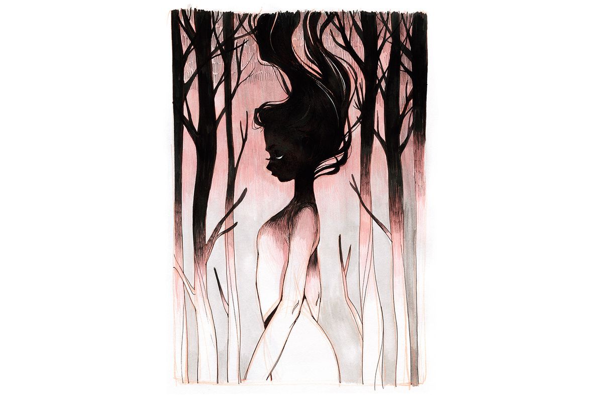 Stilisierte Tintenzeichnung einer Frau in einem Wald
