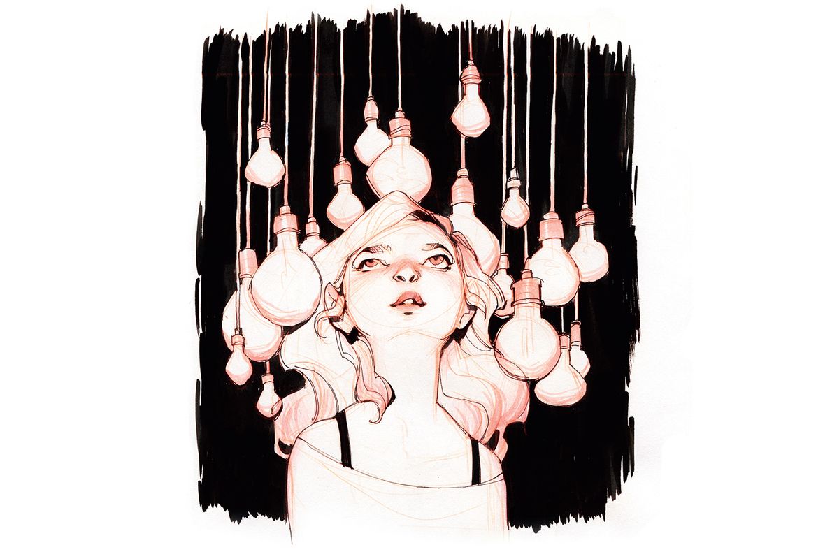 Tuschezeichnung eines Mädchens umgeben von hängenden Glühbirnen