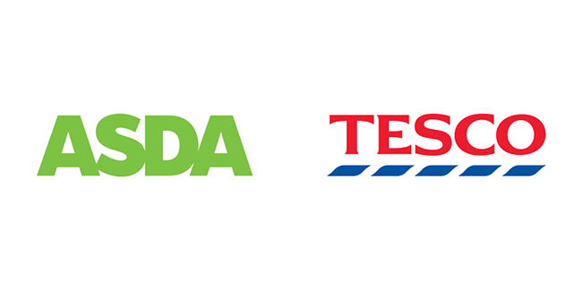 Asda und Tesco Logos wechseln die Farben