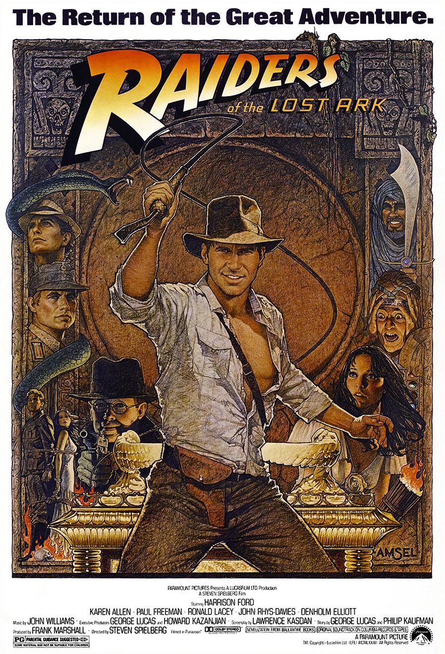 Richard Amsels Plakat für die Wiederveröffentlichung von Raiders of the Lost Ark im Jahr 1982 verkörpert den Film perfekt und vermittelt die Charaktere, die Intrigen und die Peitsche