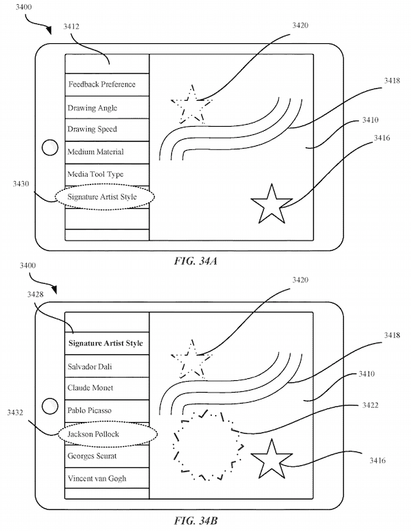 Patentbilder eines iPad mit Menüoptionen für den Malstil