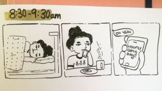 Drei-Panel-Comic von Frau aufwachen, frühstücken und ihr Telefon überprüfen