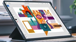 Tablet-Laptop-Hybrid auf dem Schreibtisch mit abstrakten Grafiken, die in Adobe Illustrator auf dem Bildschirm erstellt wurden