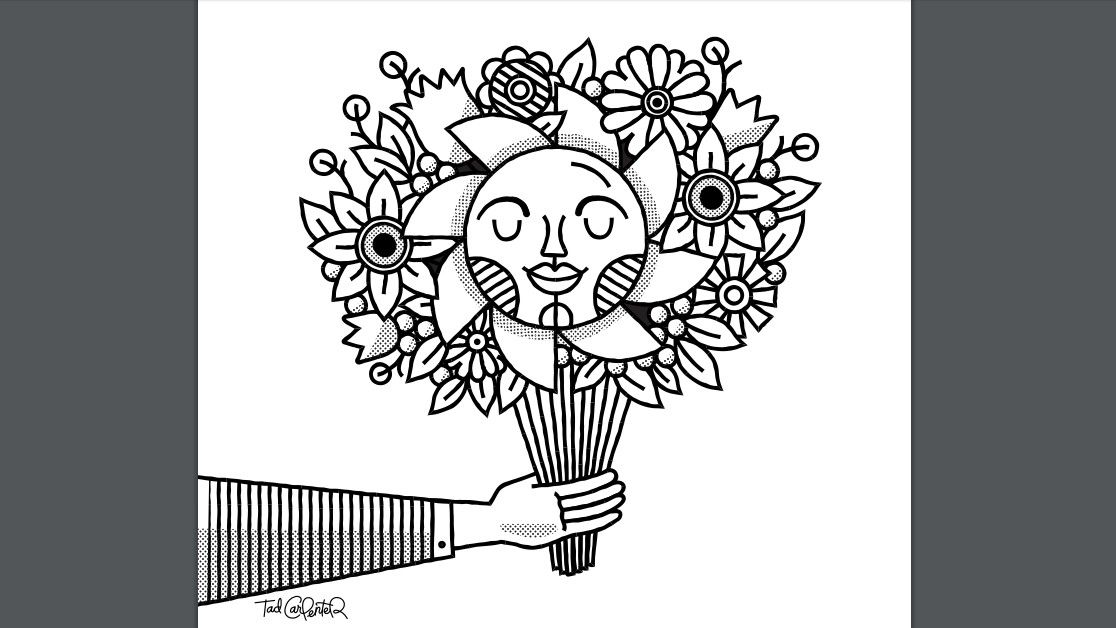 Illustration eines Mannes, der Blumen hält, mit einer lächelnden Sonne in der Mitte
