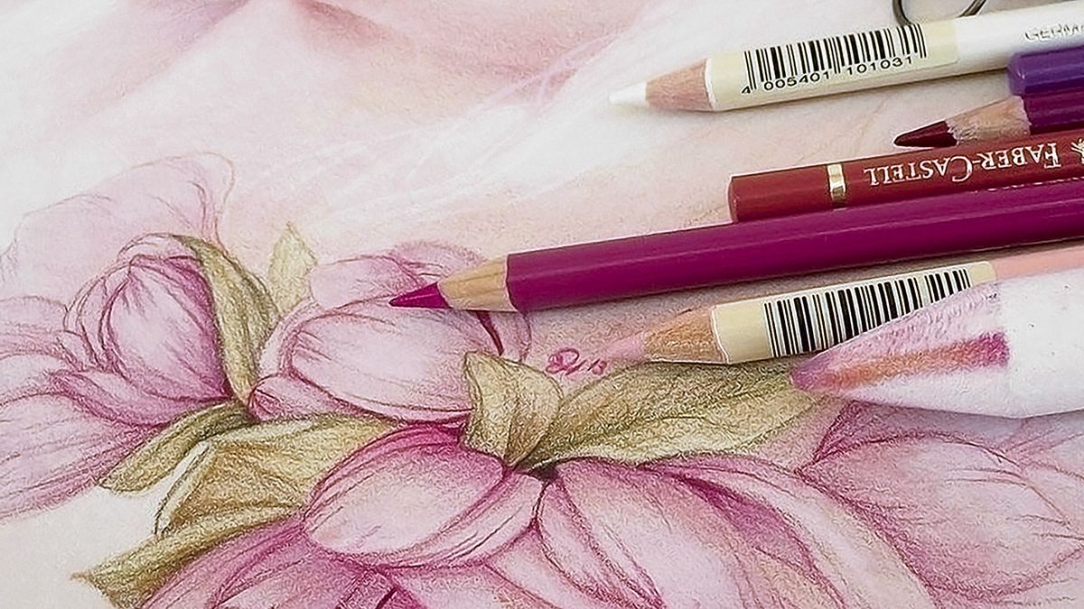 Zeichnung einiger Blumen mit Bleistiften und einem Mischstumpf darüber