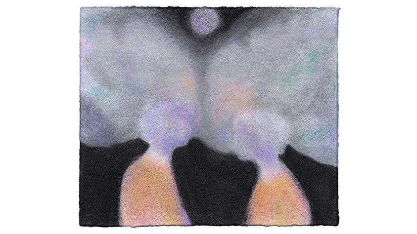 Abstrakte Pastellzeichnung von zwei in Rauch getrübten Figuren