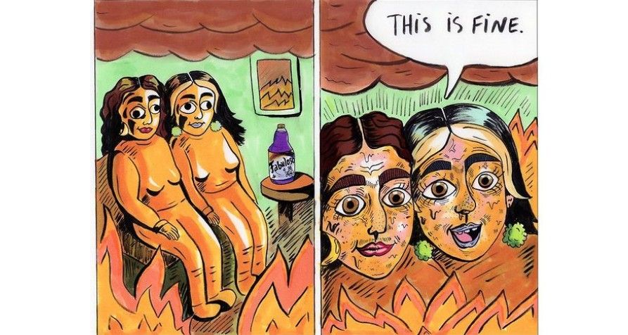 Comic zeigt zwei Mädchen, die in einem brennenden Raum sitzen und sagen