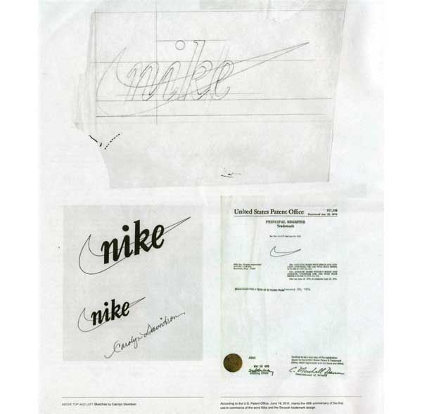 Beste Logos: Frühe Skizzen des Nike-Logos und der US-Patentpapiere
