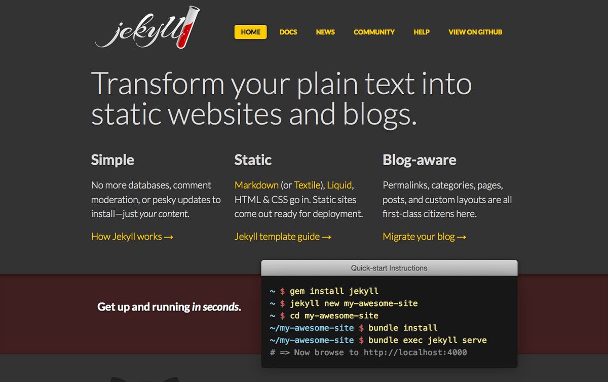 Las mejores plataformas de blogs gratuitas: captura de pantalla del sitio web de Jekyll