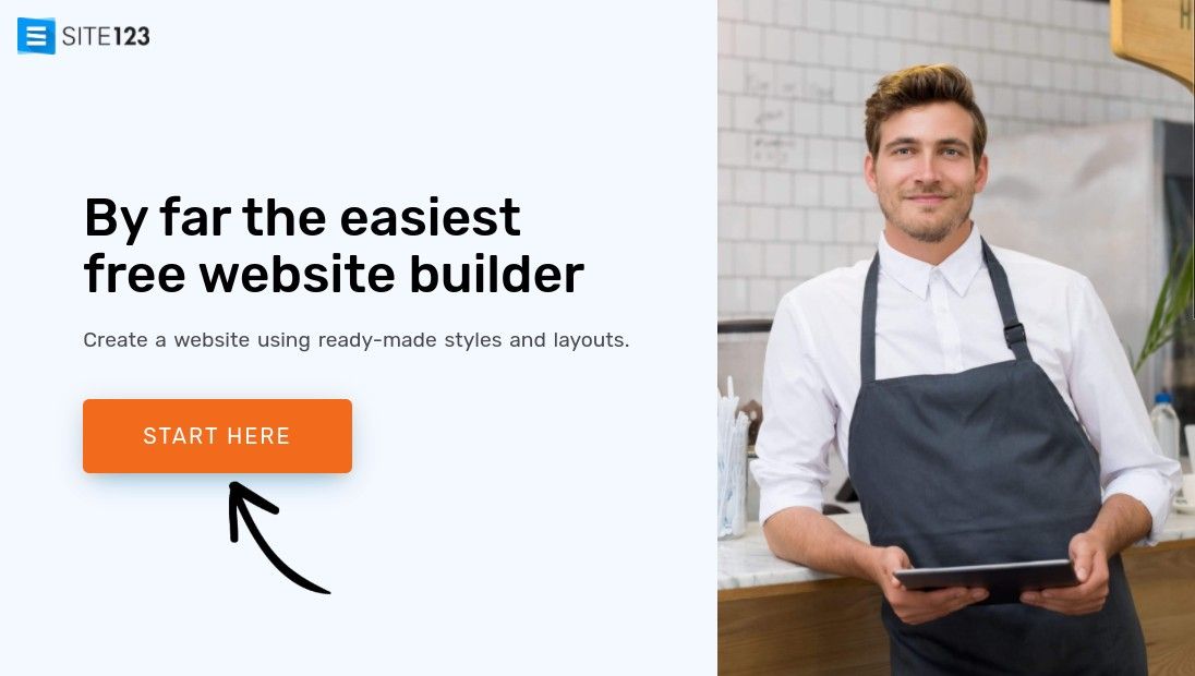 Las mejores plataformas de blogs gratuitas: página de inicio de Site123 con un chef sosteniendo un iPad