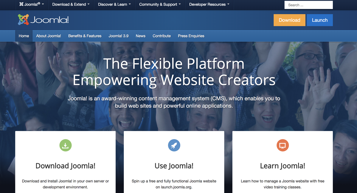 Las mejores plataformas de blogs gratuitas: captura de pantalla de la página de inicio de Joomla