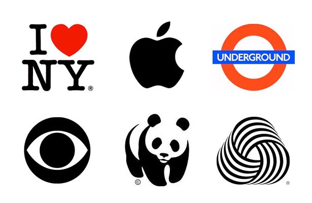 hyviä logoja: Apple, London Underground, CBS, WWF, Woolmark, I love NY