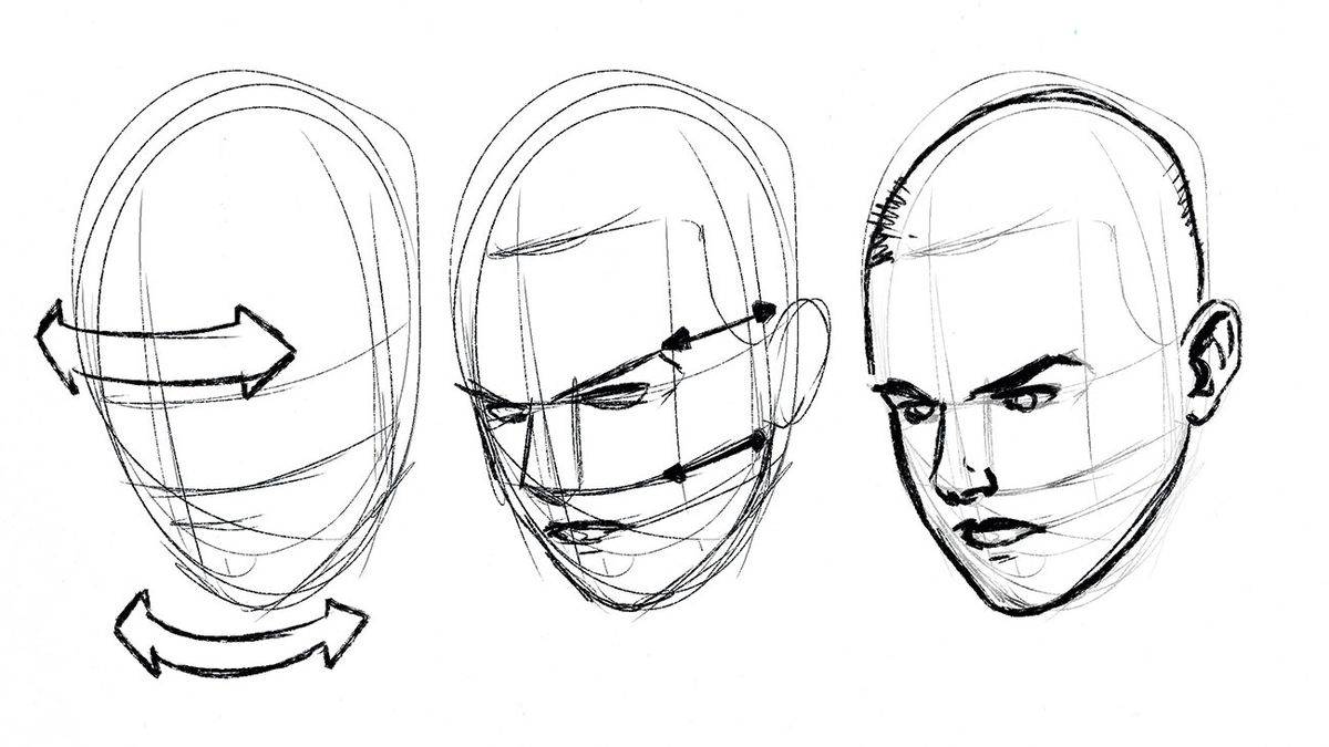 Cómo dibujar una cara: tres cabezas inclinadas en vista de tres cuartos