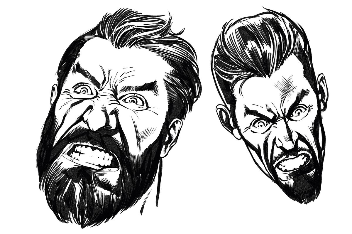 Wie man ein Gesicht zeichnet: Zwei Zeichnungen eines wütend aussehenden Mannes