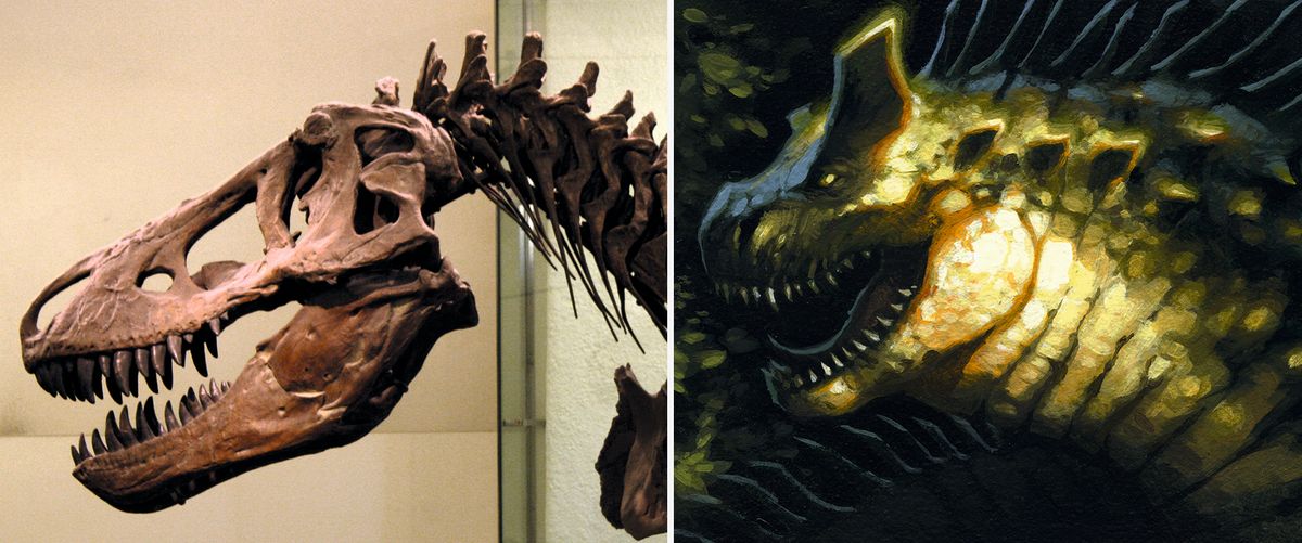 Wie man einen Drachen zeichnet: Ein Dinosaurierschädel neben dem Drachen illustriert ihn