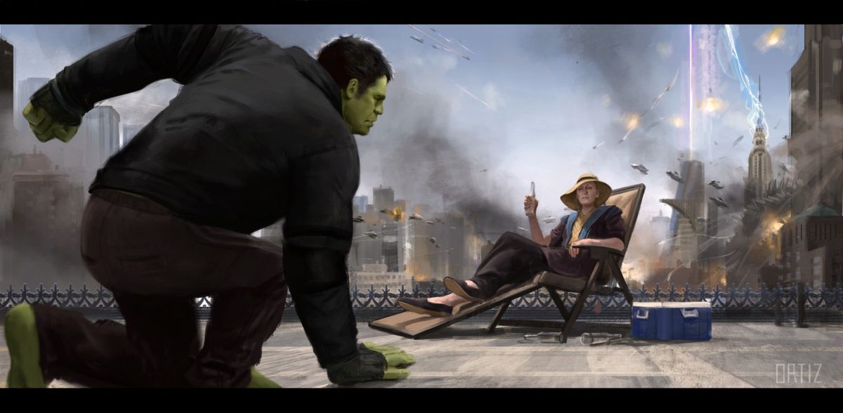 Hulk landet auf dem Dach vor der Frau, die auf Gartenstuhl liegend ist