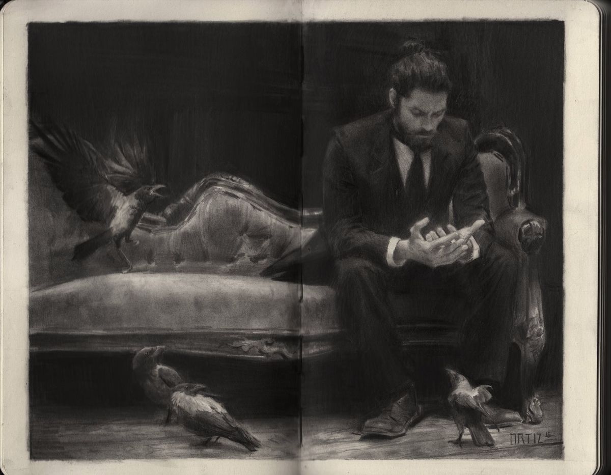 Bärtiger Mann schaut auf seine Hände, während er auf dem Sofa sitzt, während Vögel um ihn herum fliegen